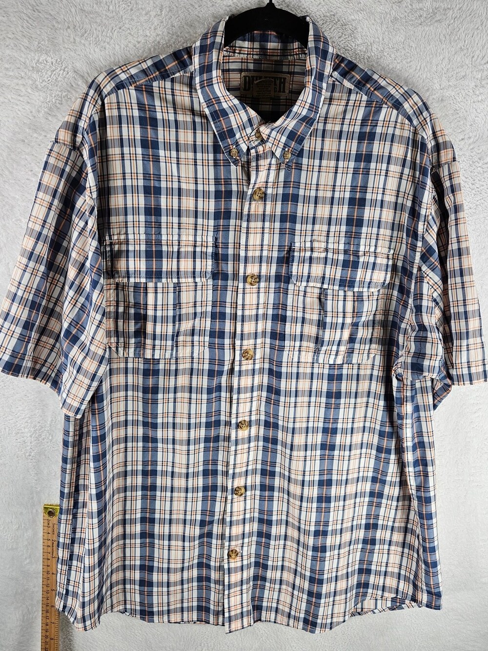Duluth Trading Co Fishing Shirt Plaid Blue Orange Men's Size Large